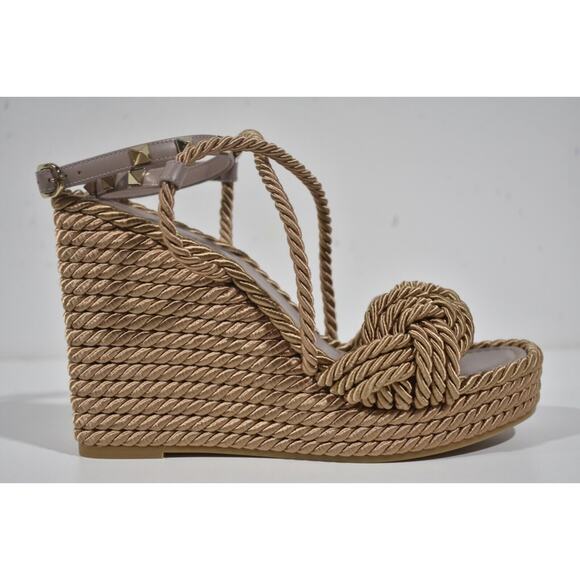 Valentino Rockstud Torchon Poudre Nude Cord Rope Wedge Ankle Strap Sandal 41 - Picture 2 of 11